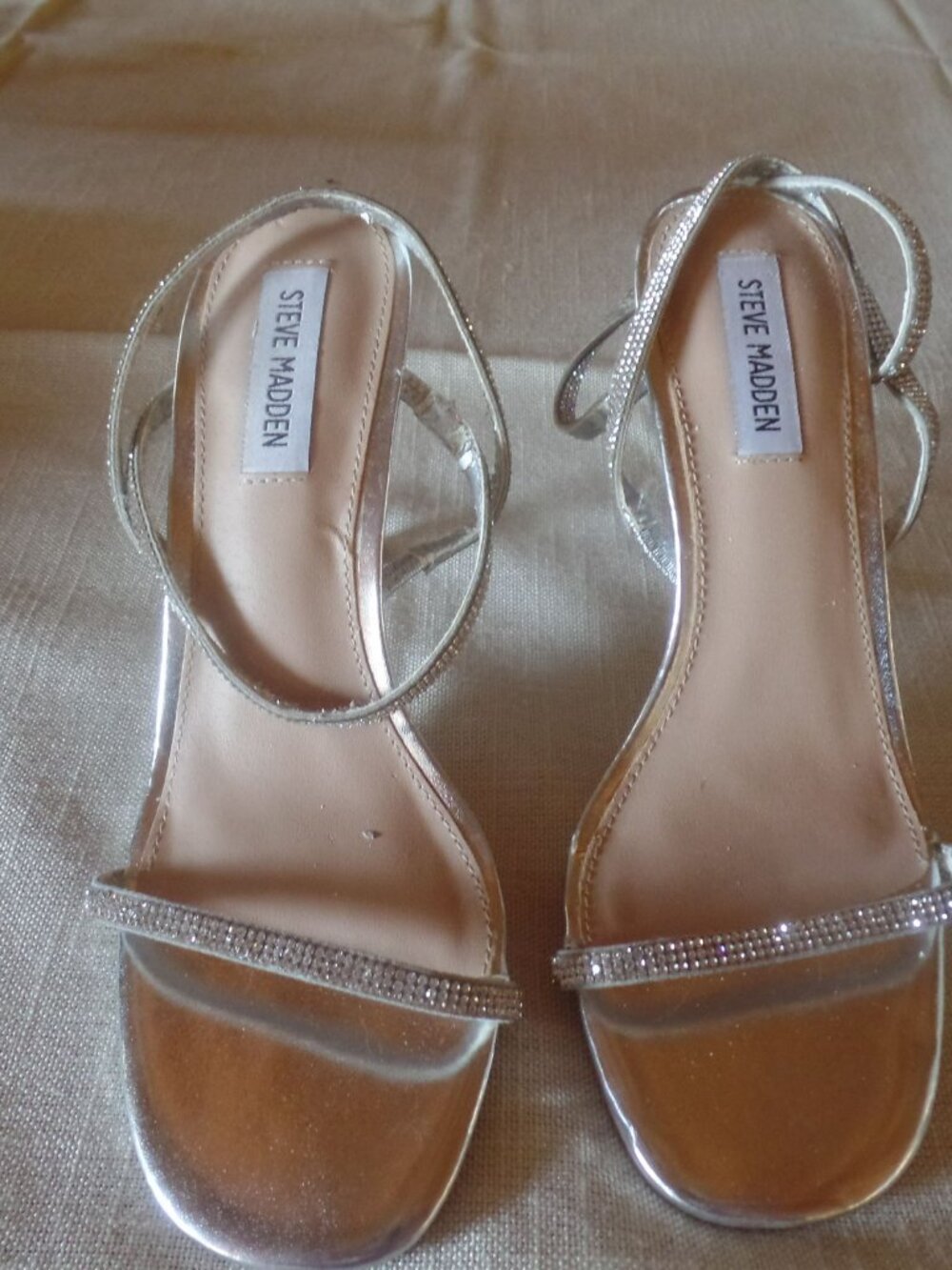 Steve Madden Rhinestone Ankle Strap Heels Silver Metallic Sandals Size 8